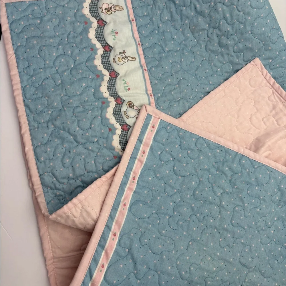 Adorable Pink and Baby Blue Quilted Bunny Trim Baby Blanket